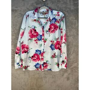Chico's Button Down Blouse Size Large Blue Striped Floral Spring Country Club